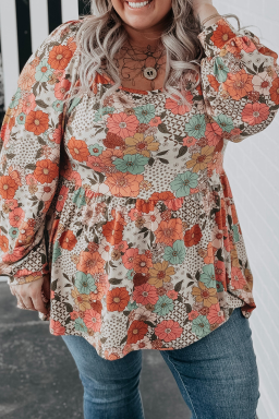 Plus Size Khaki Flower Print Square Neck Peplum Blouse