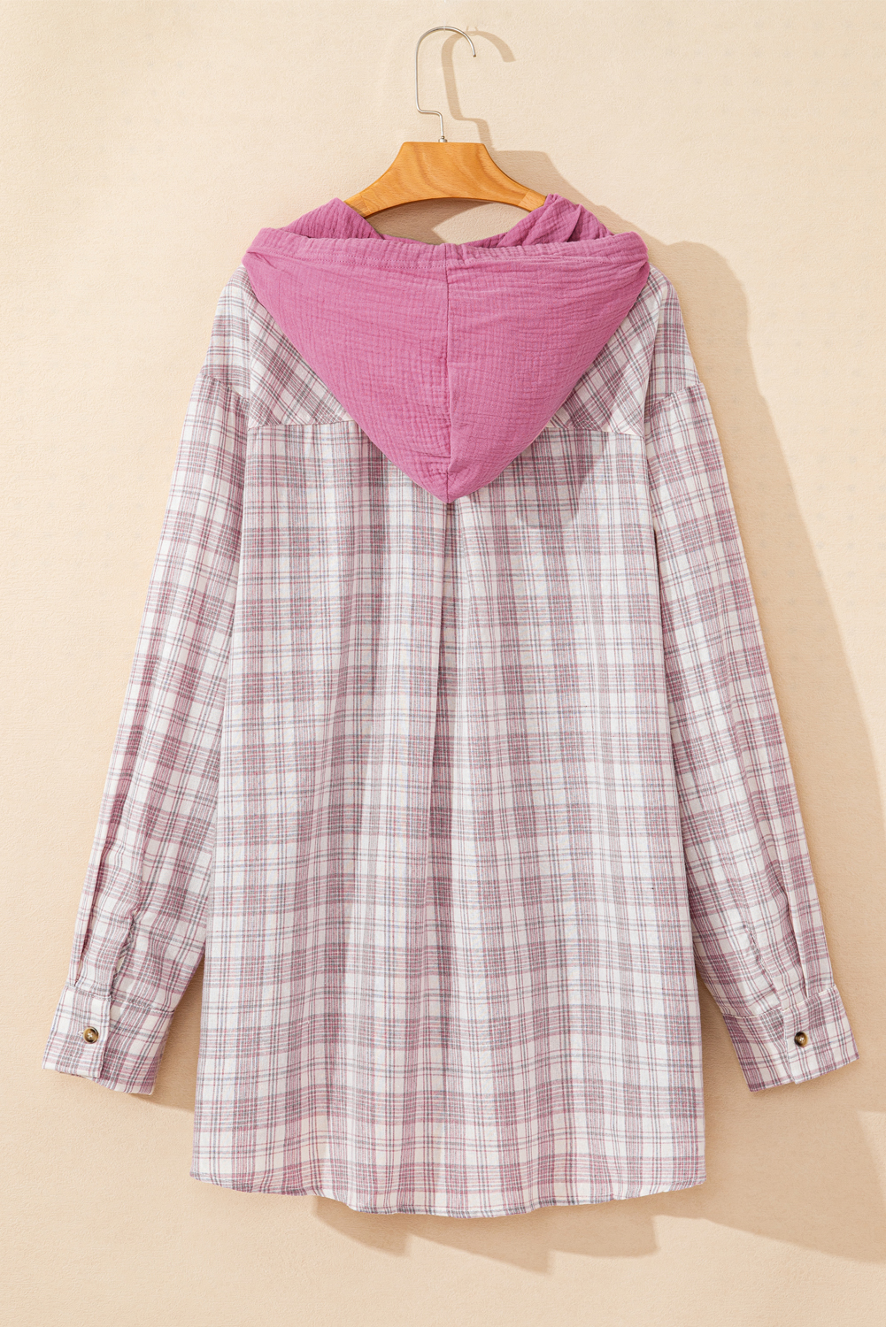 Plus Size Bonbon Plaid Print Drawstring Hooded Button-up  Shirt
