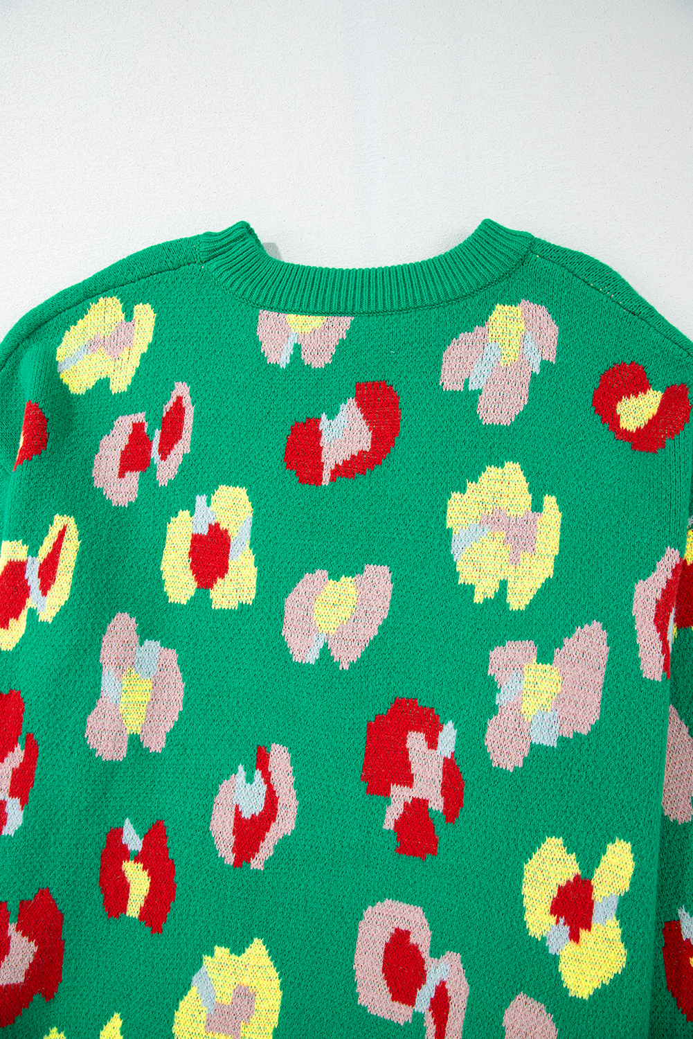 Plus Size Green  Floral Knitted Ribbed Edge Drop Shoulder Sweater