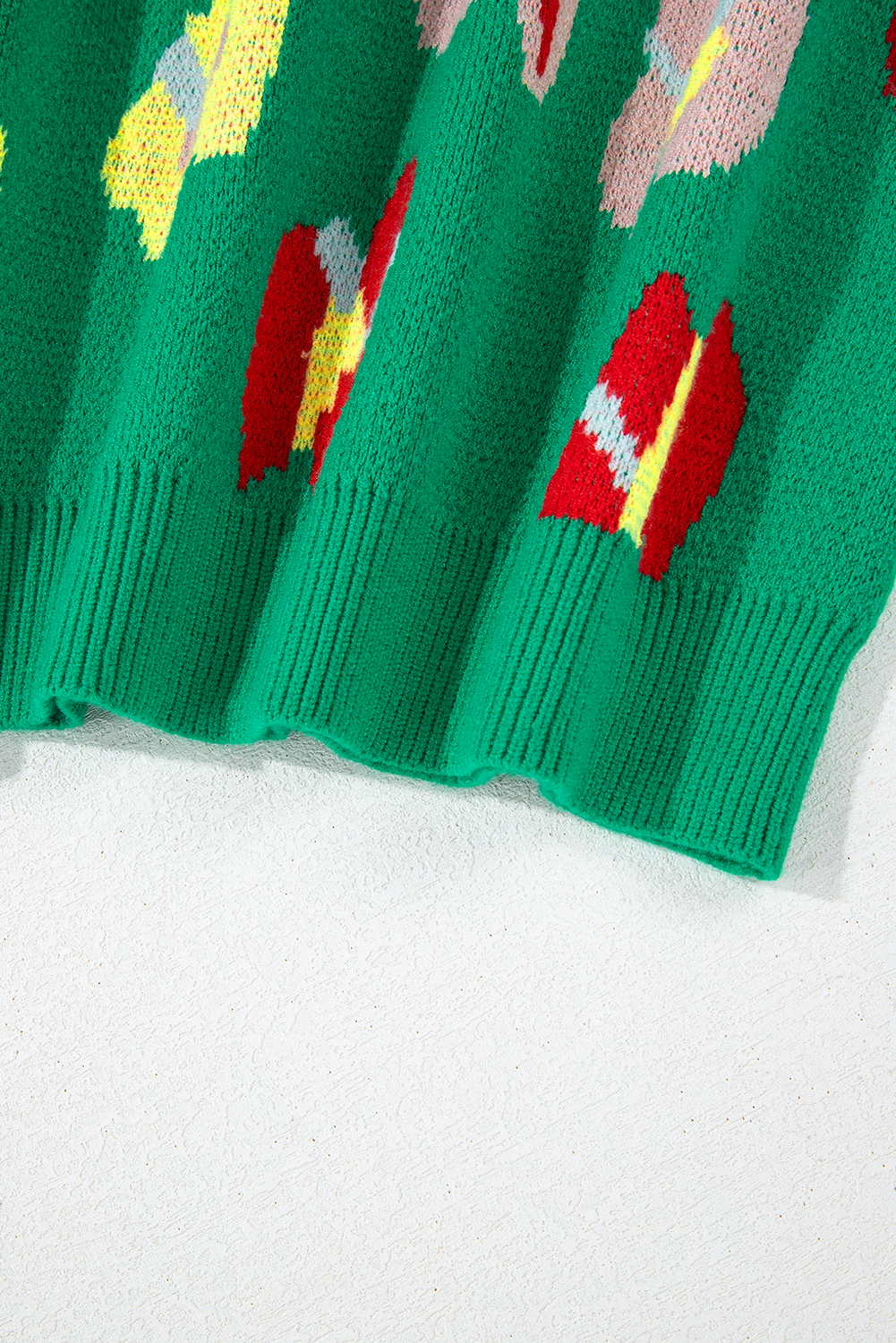 Plus Size Green  Floral Knitted Ribbed Edge Drop Shoulder Sweater