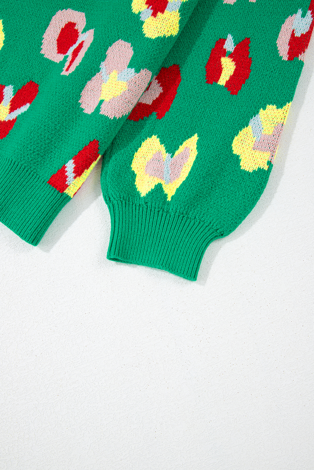 Plus Size Green  Floral Knitted Ribbed Edge Drop Shoulder Sweater