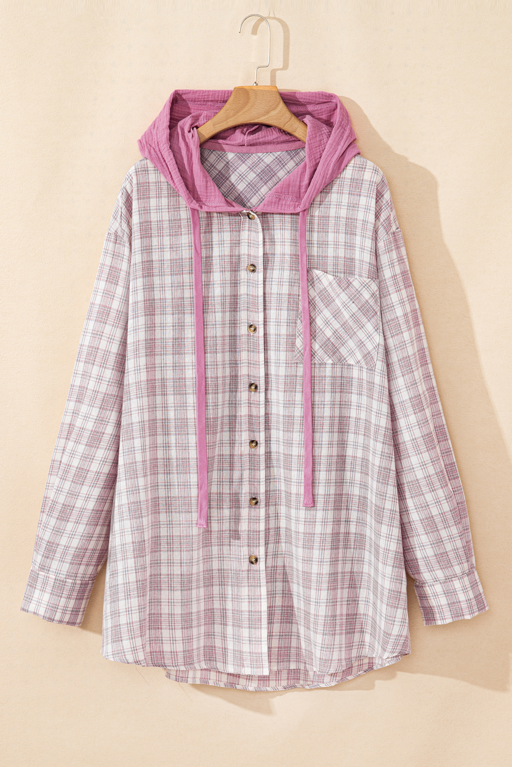 Plus Size Bonbon Plaid Print Drawstring Hooded Button-up  Shirt