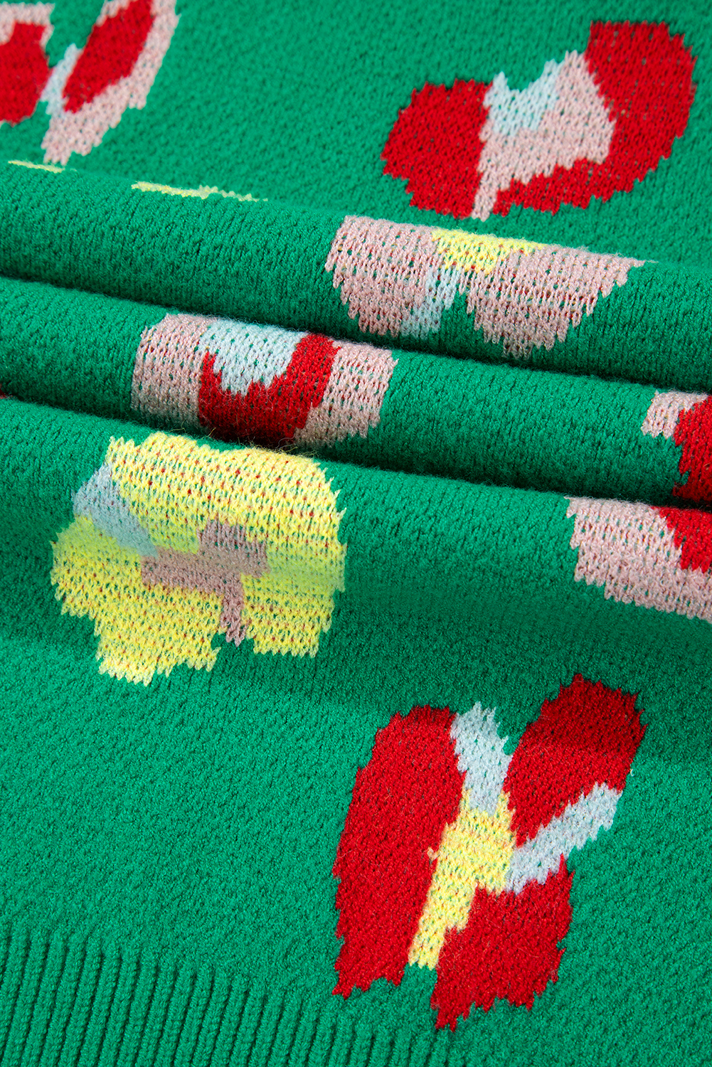 Plus Size Green  Floral Knitted Ribbed Edge Drop Shoulder Sweater