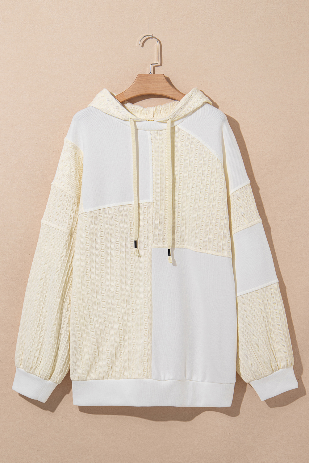 Plus Size Beige Textured Patchwork Exposed Seam  Hoodie