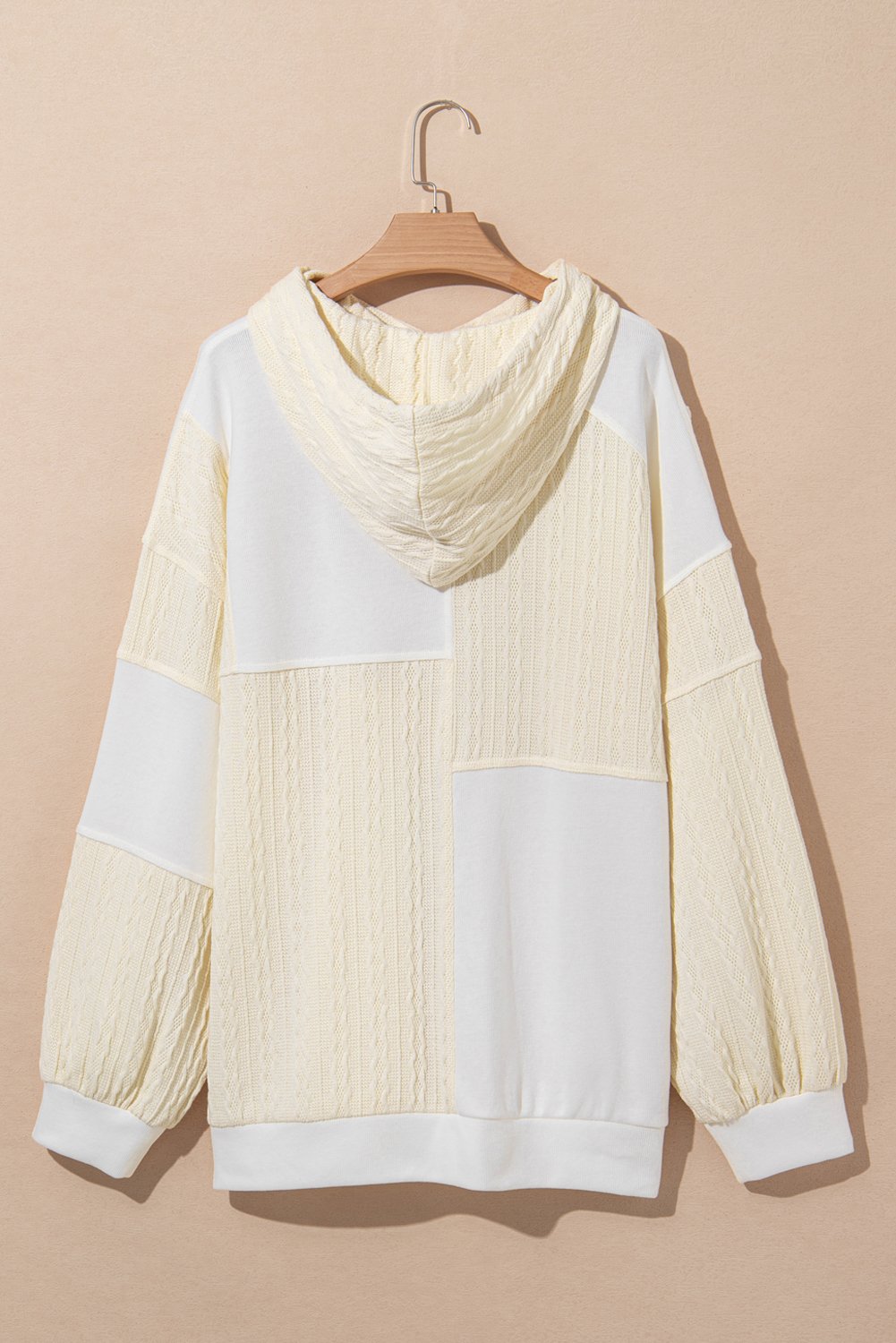 Plus Size Beige Textured Patchwork Exposed Seam  Hoodie