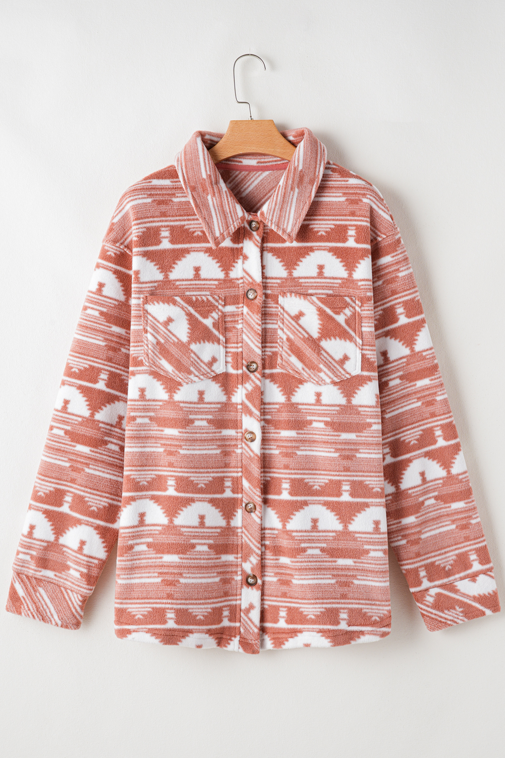 Plus Size Pink  Aztec Print Chest Pocket Shacket
