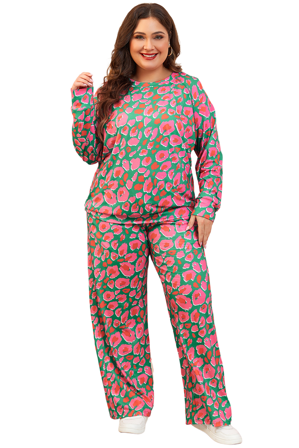 Plus Size Green  Printed Long Sleeve and Pants Lounge Set