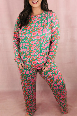 Plus Size Green  Printed Long Sleeve and Pants Lounge Set
