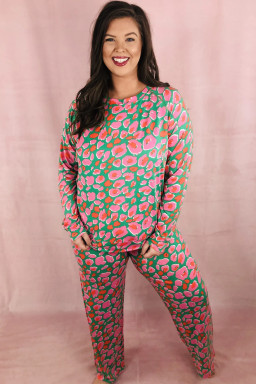 Plus Size Green  Printed Long Sleeve and Pants Lounge Set