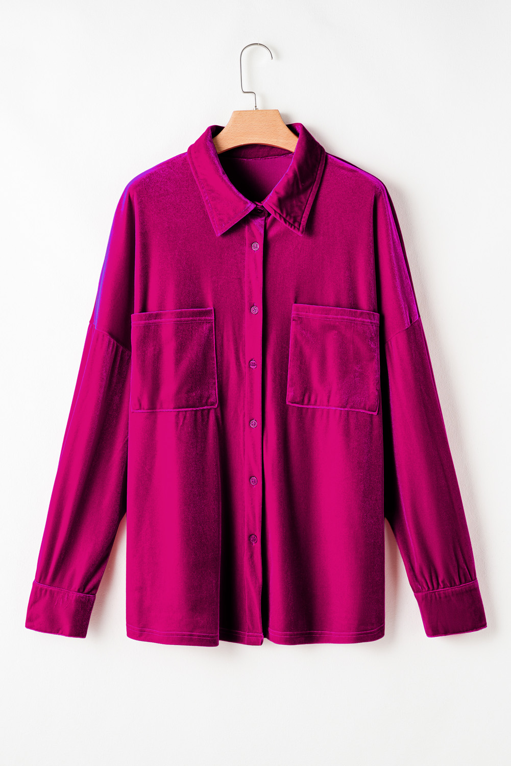 Plus Size Bright Pink  Velvet Chest Pocket Drop Shoulder Shirt