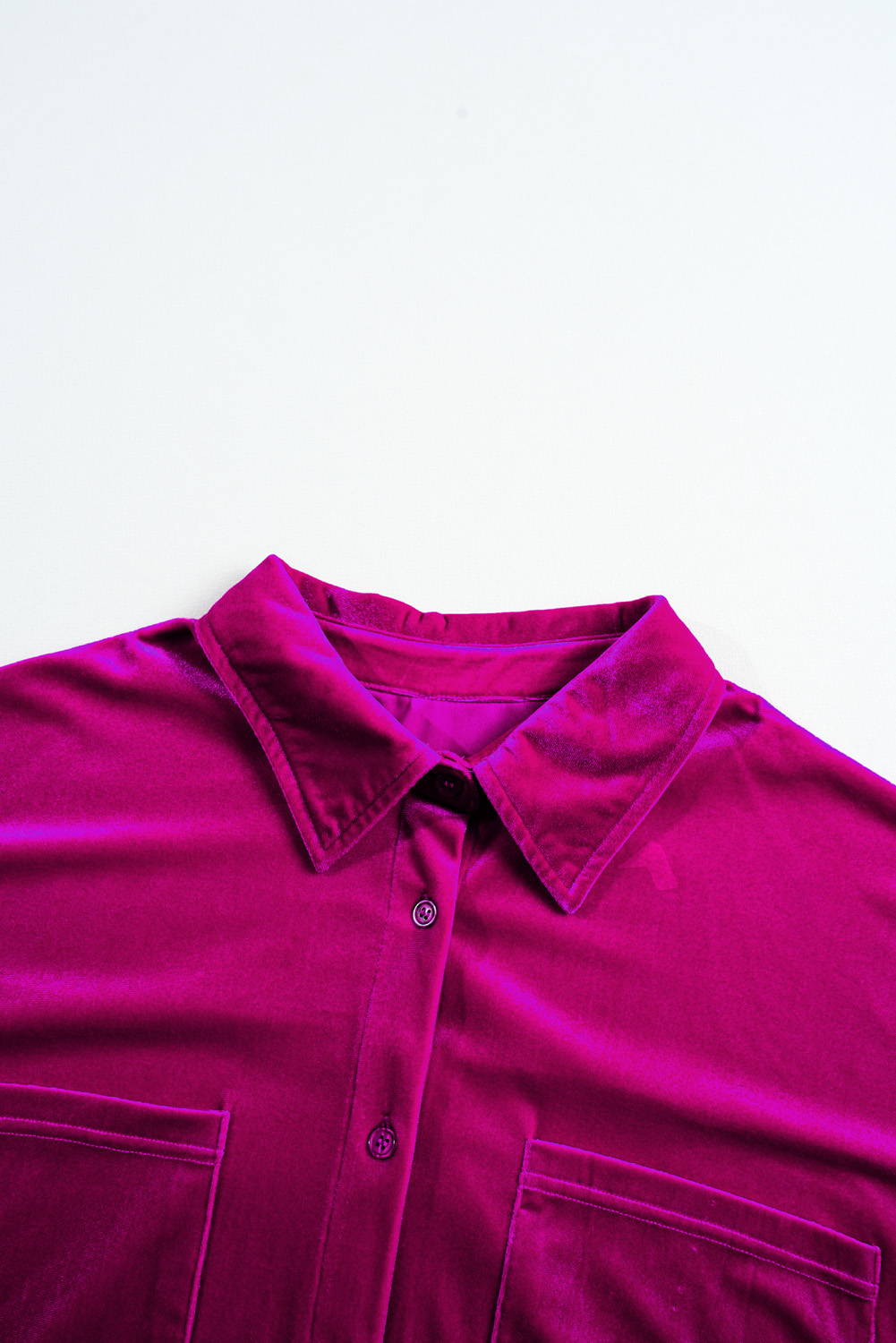 Plus Size Bright Pink  Velvet Chest Pocket Drop Shoulder Shirt