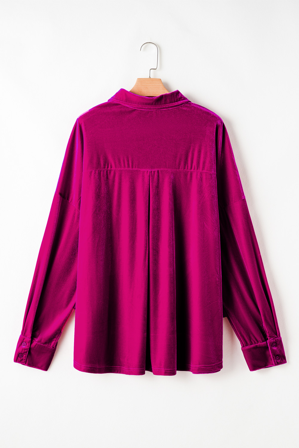 Plus Size Bright Pink  Velvet Chest Pocket Drop Shoulder Shirt