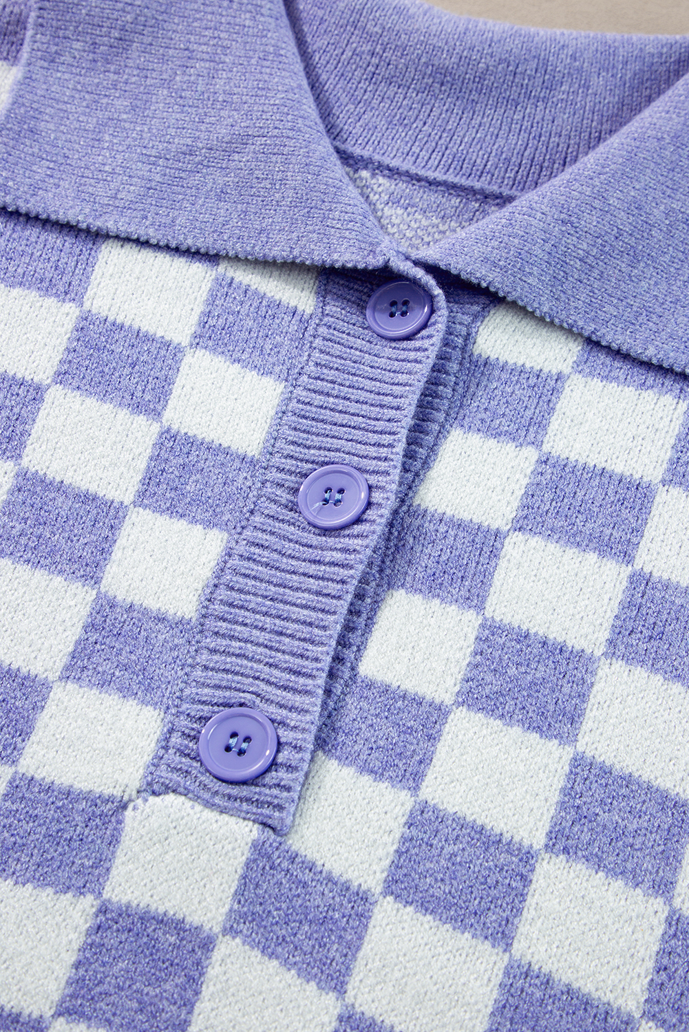 Plus Size Purple Checkered Collared Buttons  Sweater