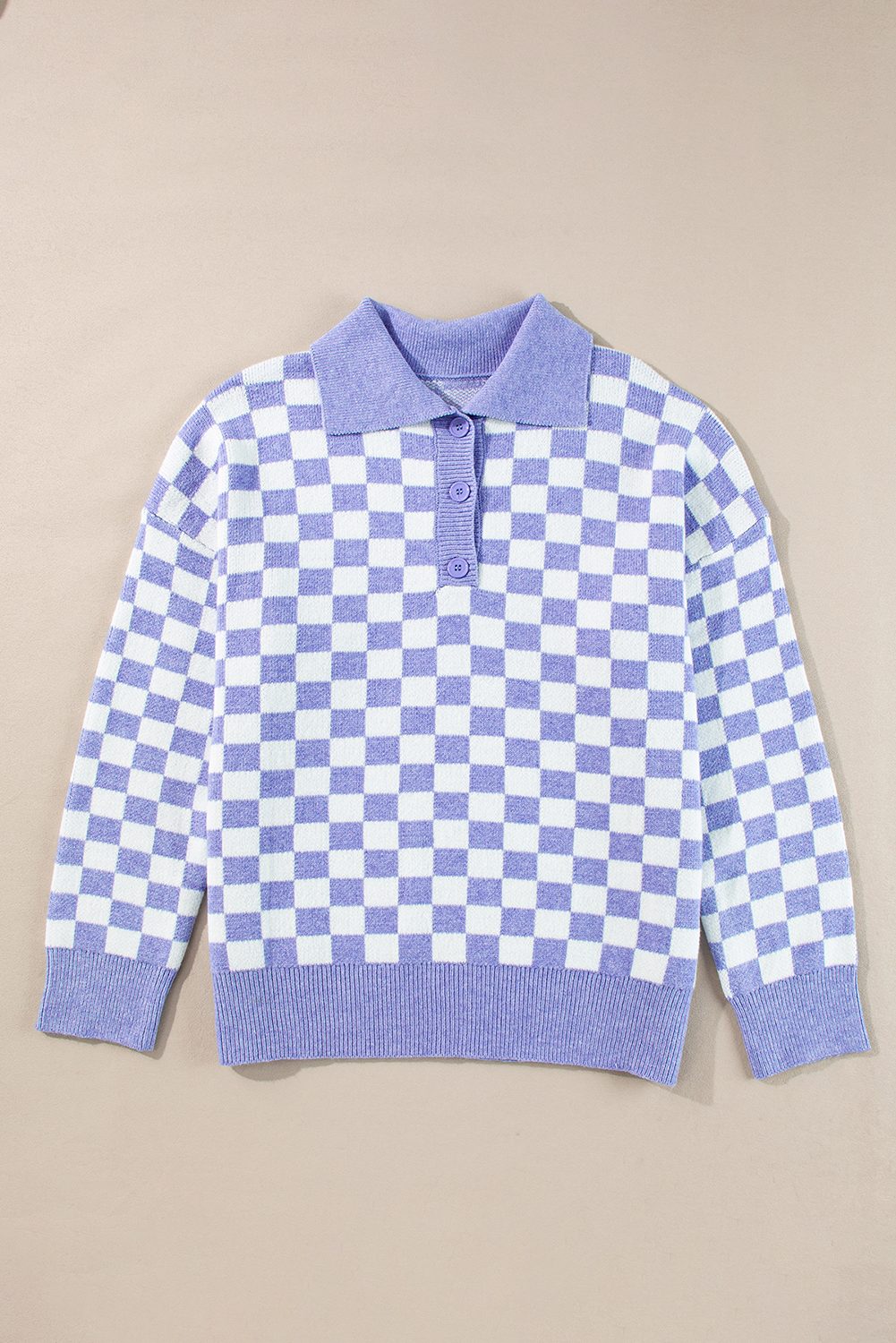 Plus Size Purple Checkered Collared Buttons  Sweater