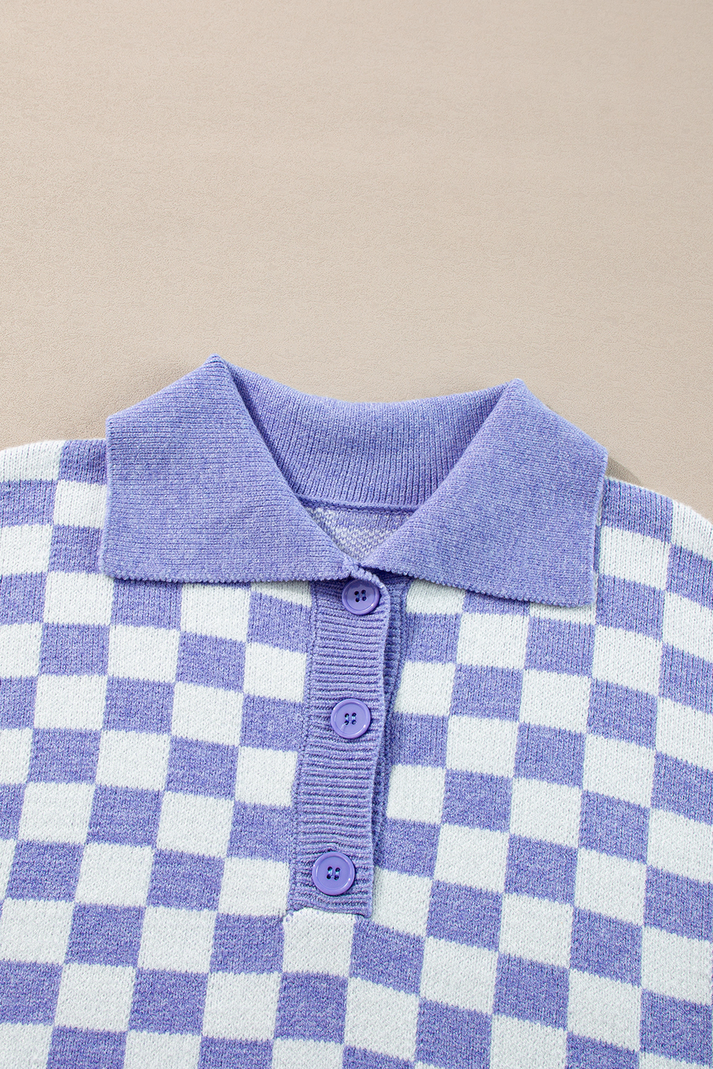 Plus Size Purple Checkered Collared Buttons  Sweater