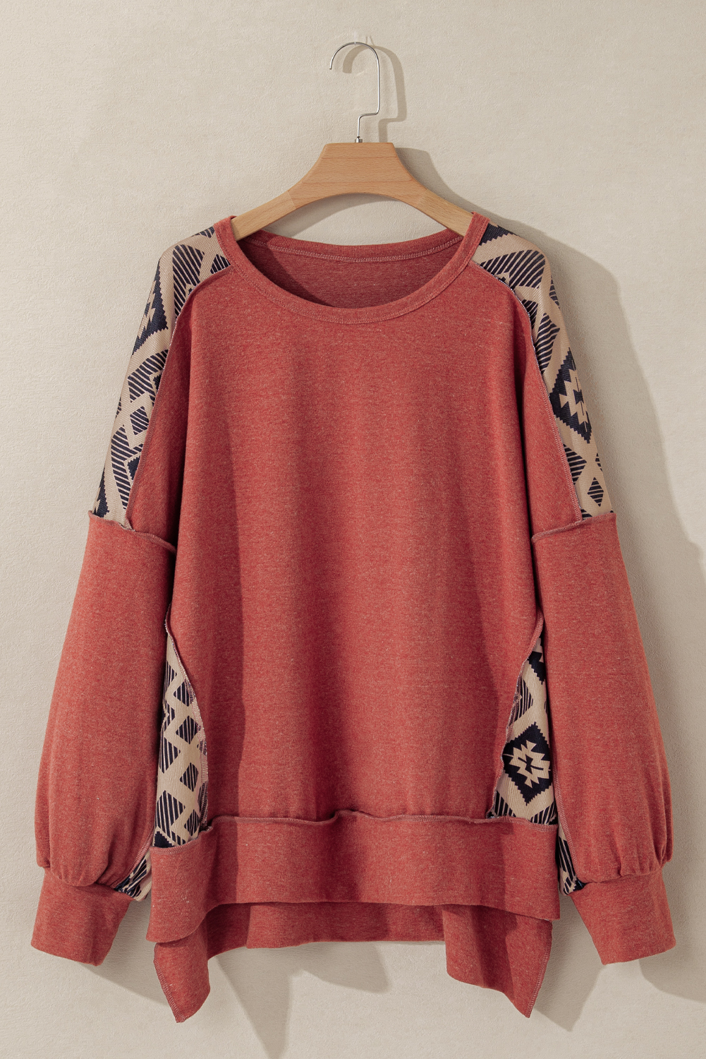 Plus Size Redwood Burl Aztec Patchwork Drop Shoulder  High Low Sweatshirt