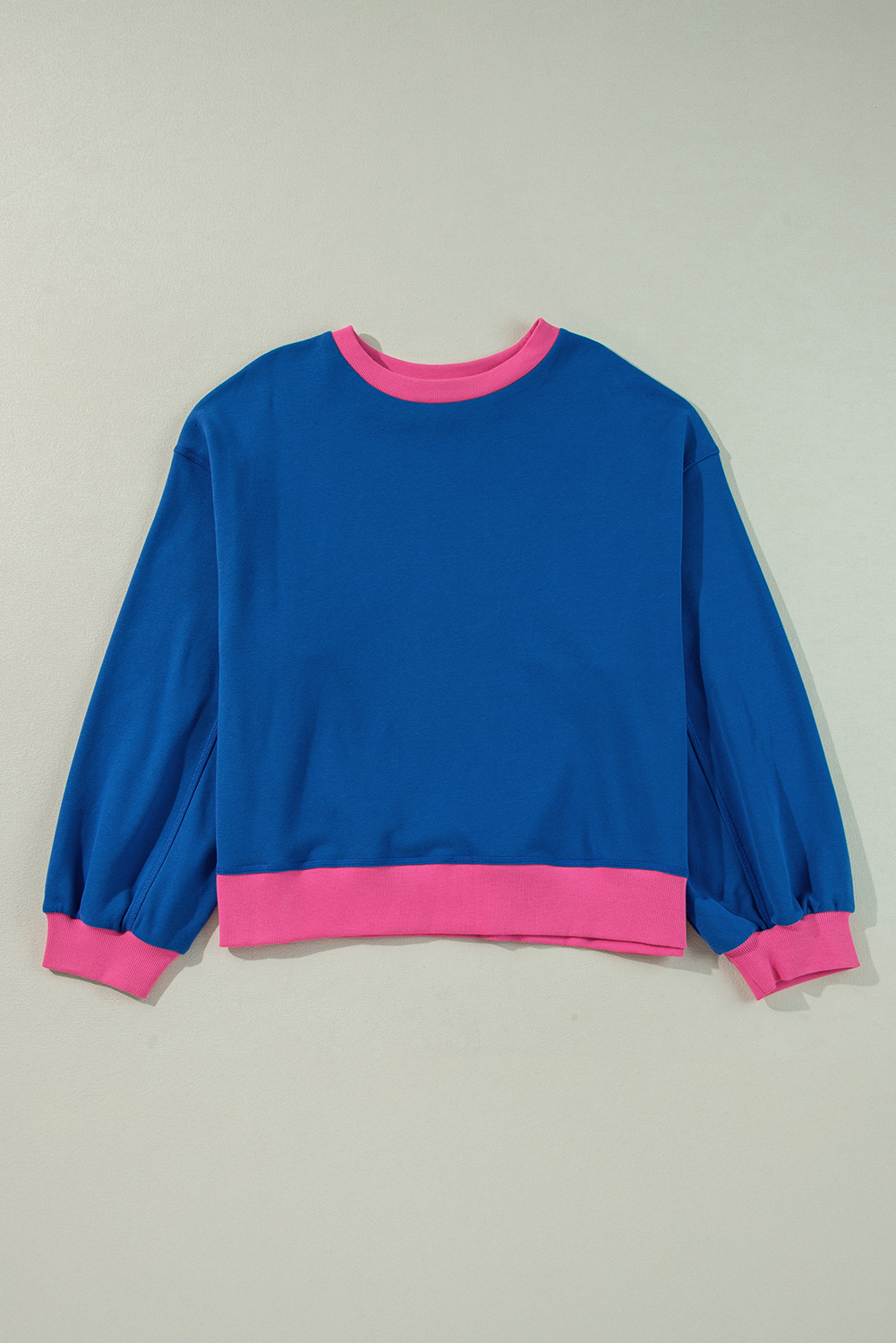 Plus Size Sky Blue Color Block Edge Balloon Sleeve  Sweatshirt