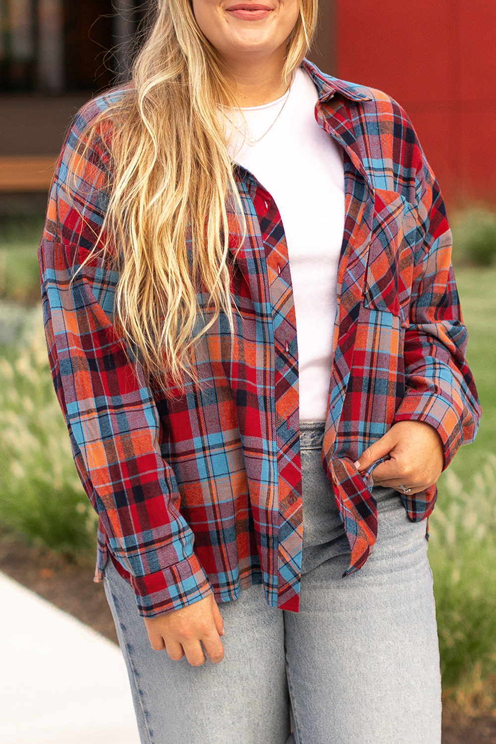 Plus Size Red  Plaid Print Buttoned Shirt