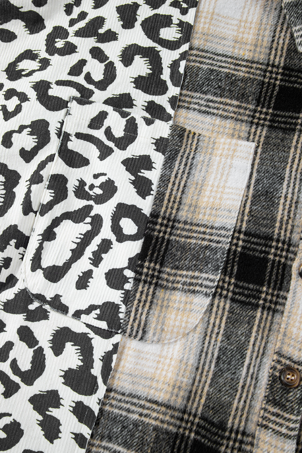 Plus Size Black  Plaid Leopard Printed Patchwork Button Up Shacket