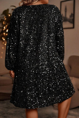 Plus Size Color black  Bubble Sleeve V Neck Sequin Dress