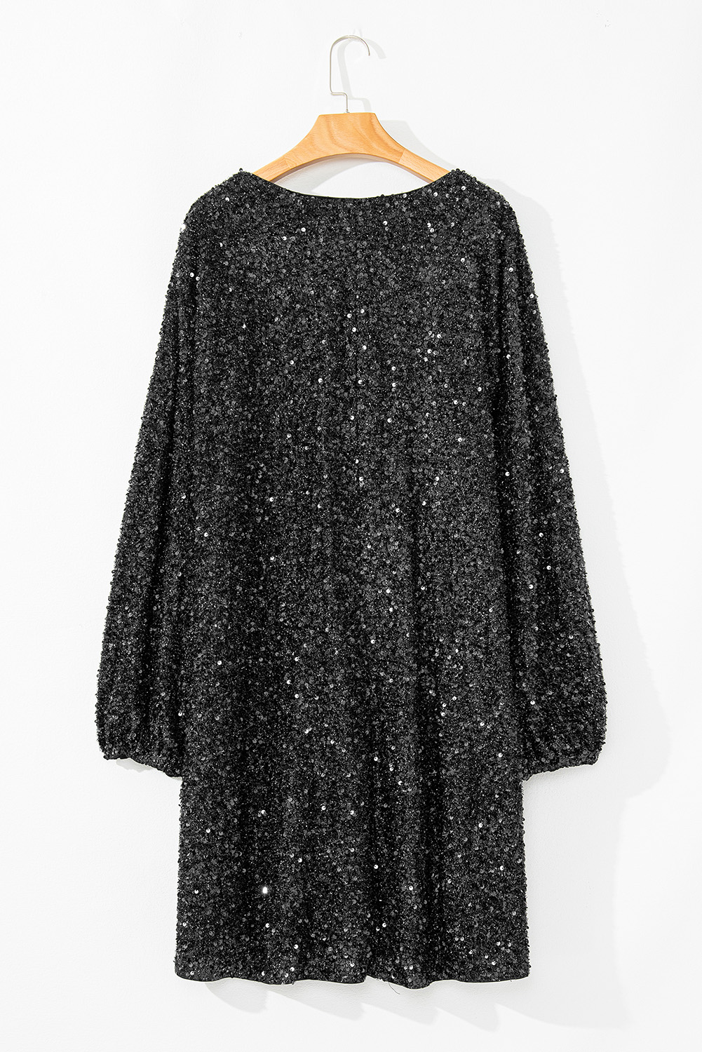 Plus Size Color black  Bubble Sleeve V Neck Sequin Dress