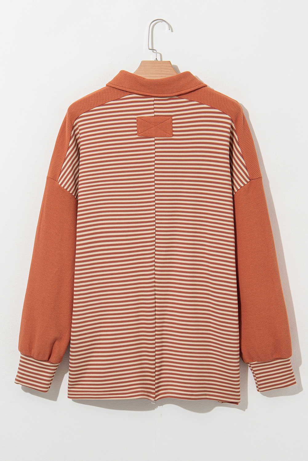 Plus Size Red Stripe Textured Patched Drop Shoulder Buttoned  Sweatshirt