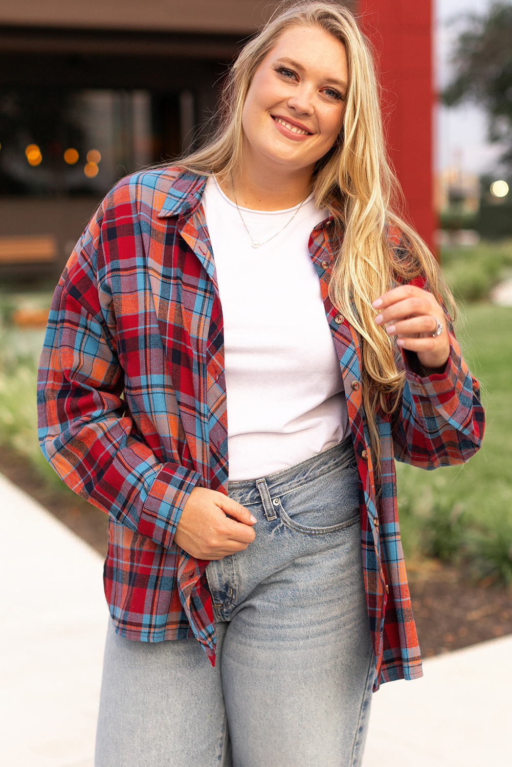 Plus Size Red  Plaid Print Buttoned Shirt