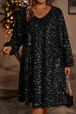 Plus Size Color black  Bubble Sleeve V Neck Sequin Dress