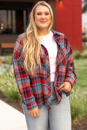 Plus Size Red  Plaid Print Buttoned Shirt