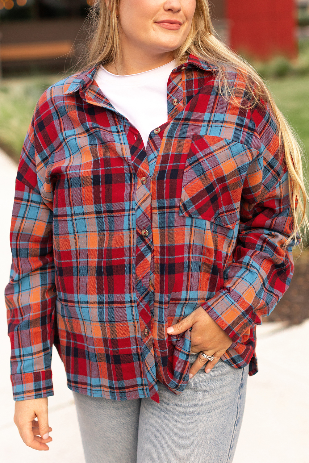 Plus Size Red  Plaid Print Buttoned Shirt