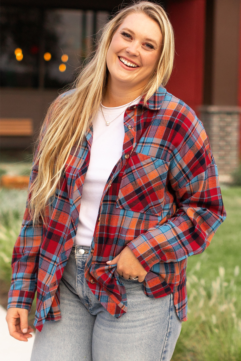 Plus Size Red  Plaid Print Buttoned Shirt