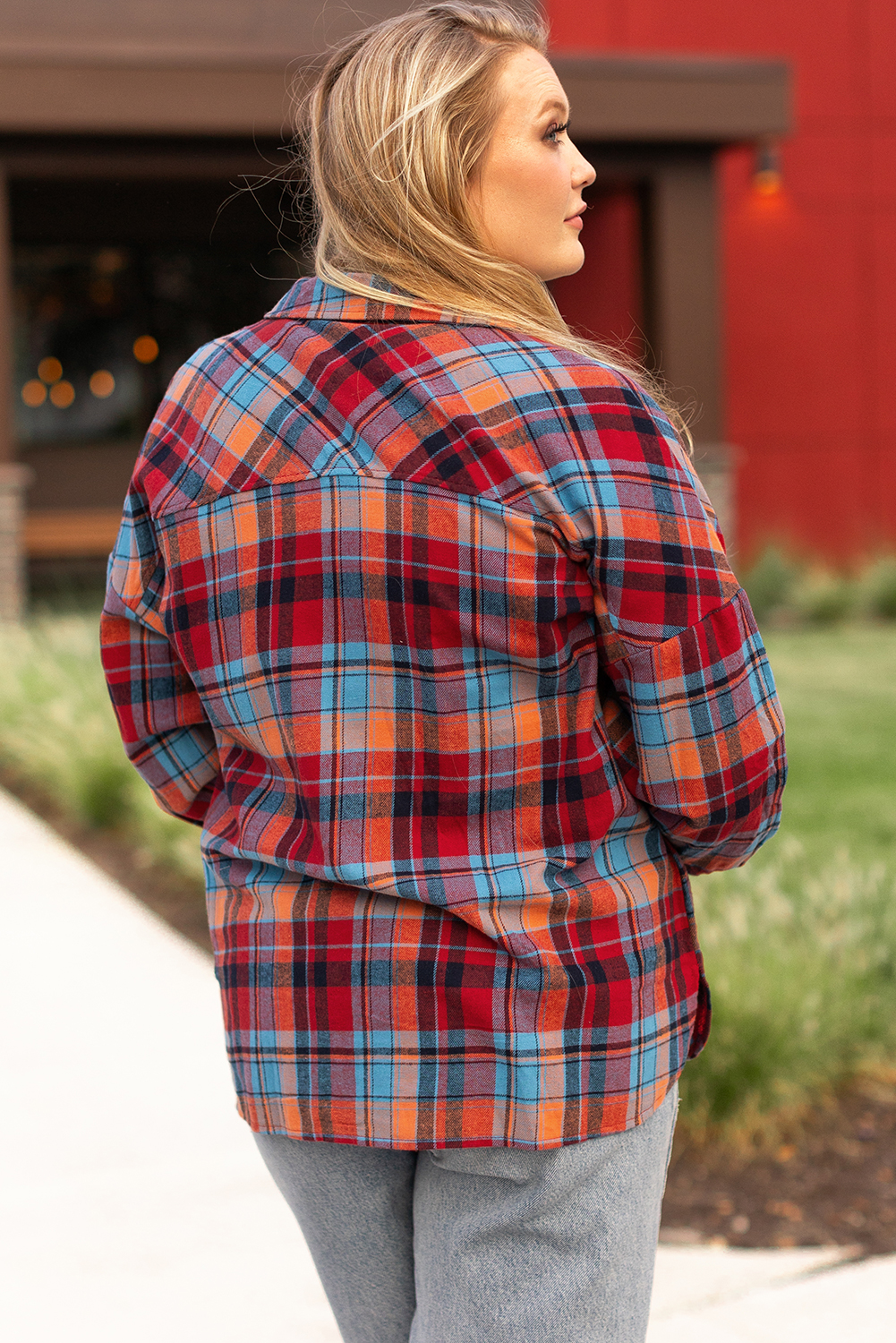 Plus Size Red  Plaid Print Buttoned Shirt