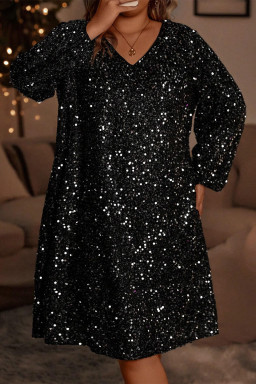 Plus Size Color black  Bubble Sleeve V Neck Sequin Dress