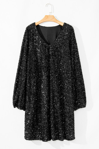 Plus Size Color black  Bubble Sleeve V Neck Sequin Dress