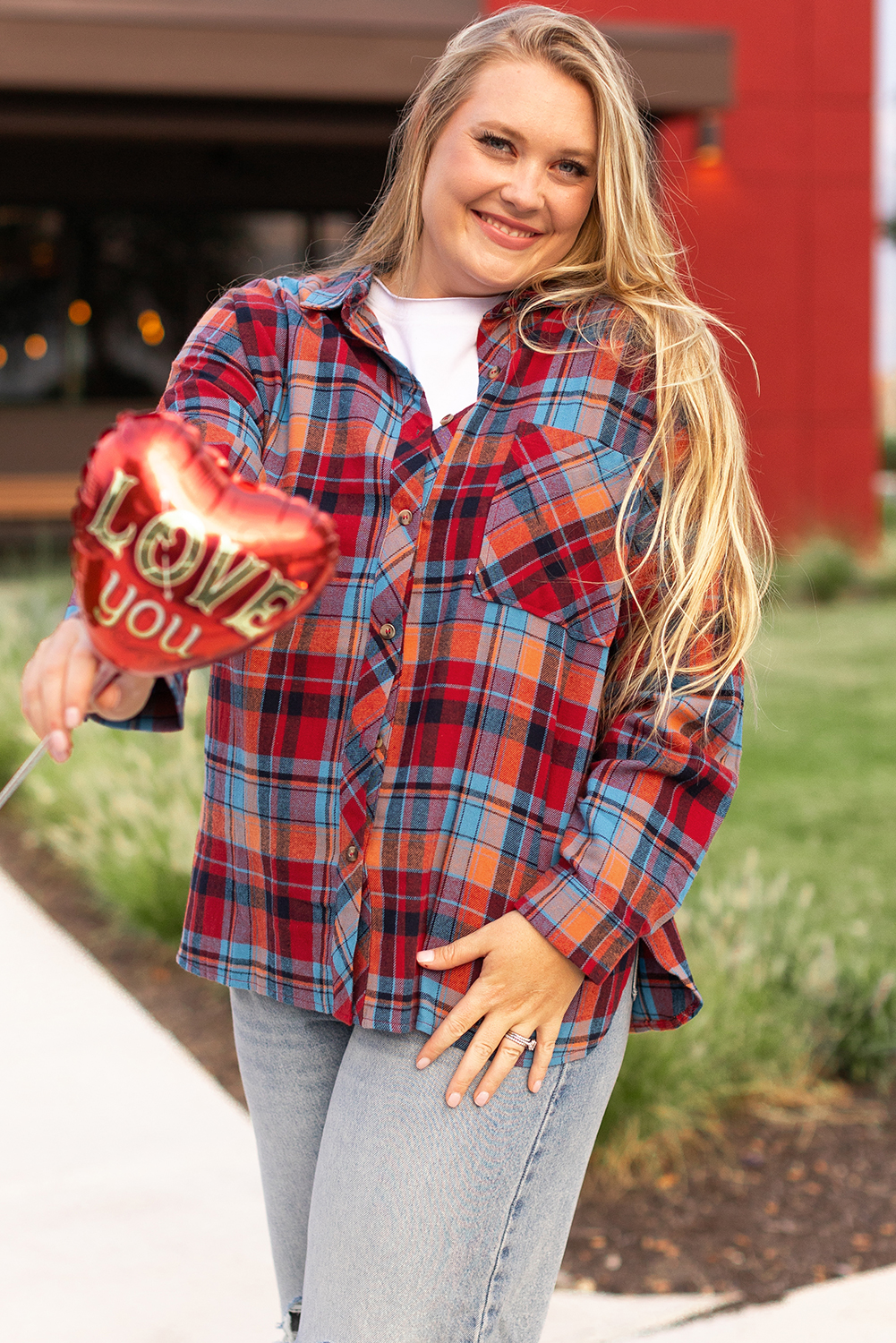 Plus Size Red  Plaid Print Buttoned Shirt