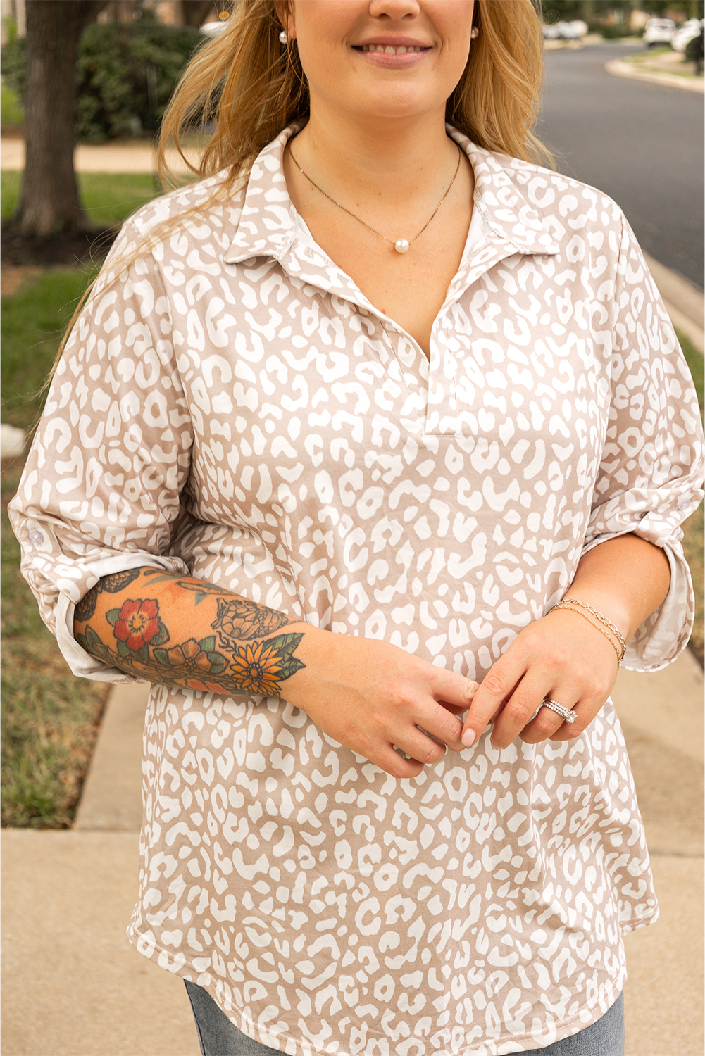 Plus Size Apricot Leopard Tab Sleeve V Neck  Top