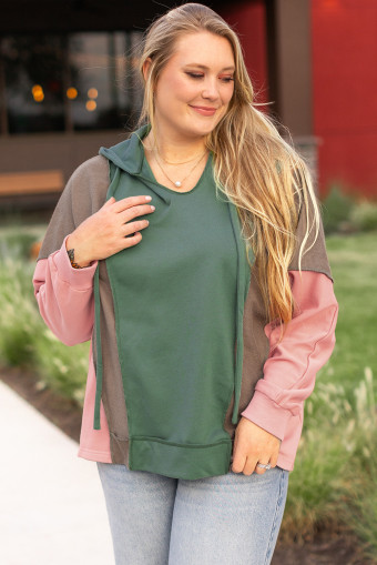 Plus Size Breen  Colorblock Patchwork V Neck Hoodie