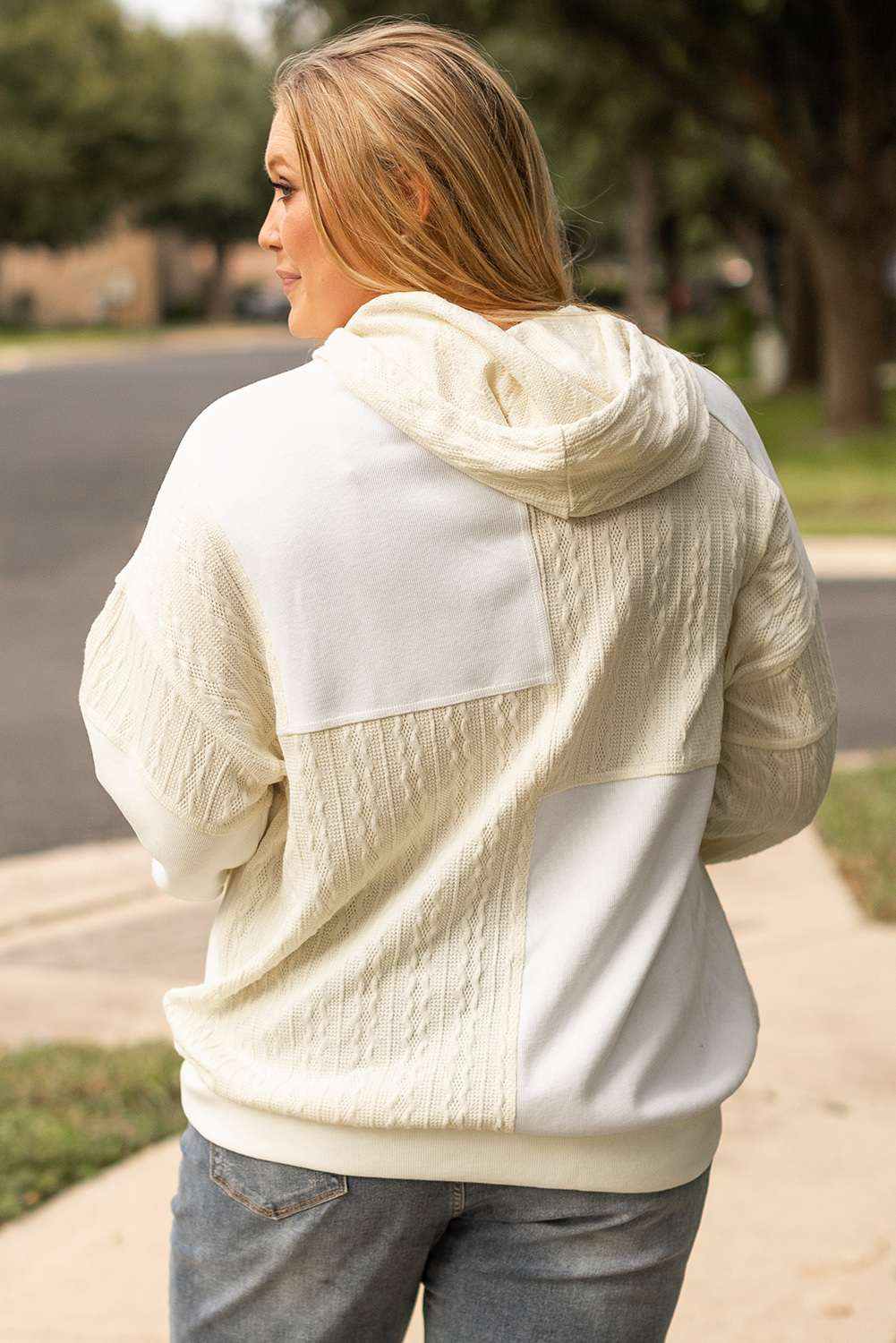 Plus Size Beige Textured Patchwork Exposed Seam  Hoodie