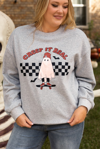 Plus Size Light Grey Creep It Real Ghost Print  Sweatshirt
