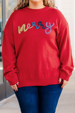 Plus Size Fiery Red Tinsel merry Pattern Drop Shoulder  Sweater