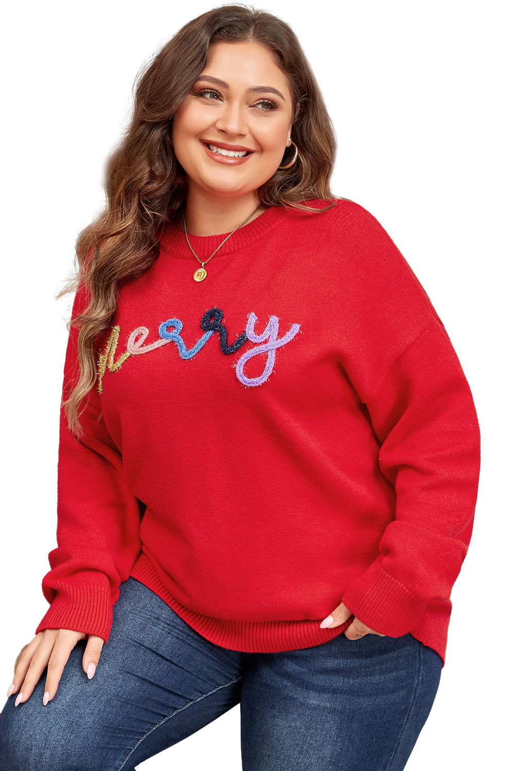 Plus Size Fiery Red Tinsel merry Pattern Drop Shoulder  Sweater