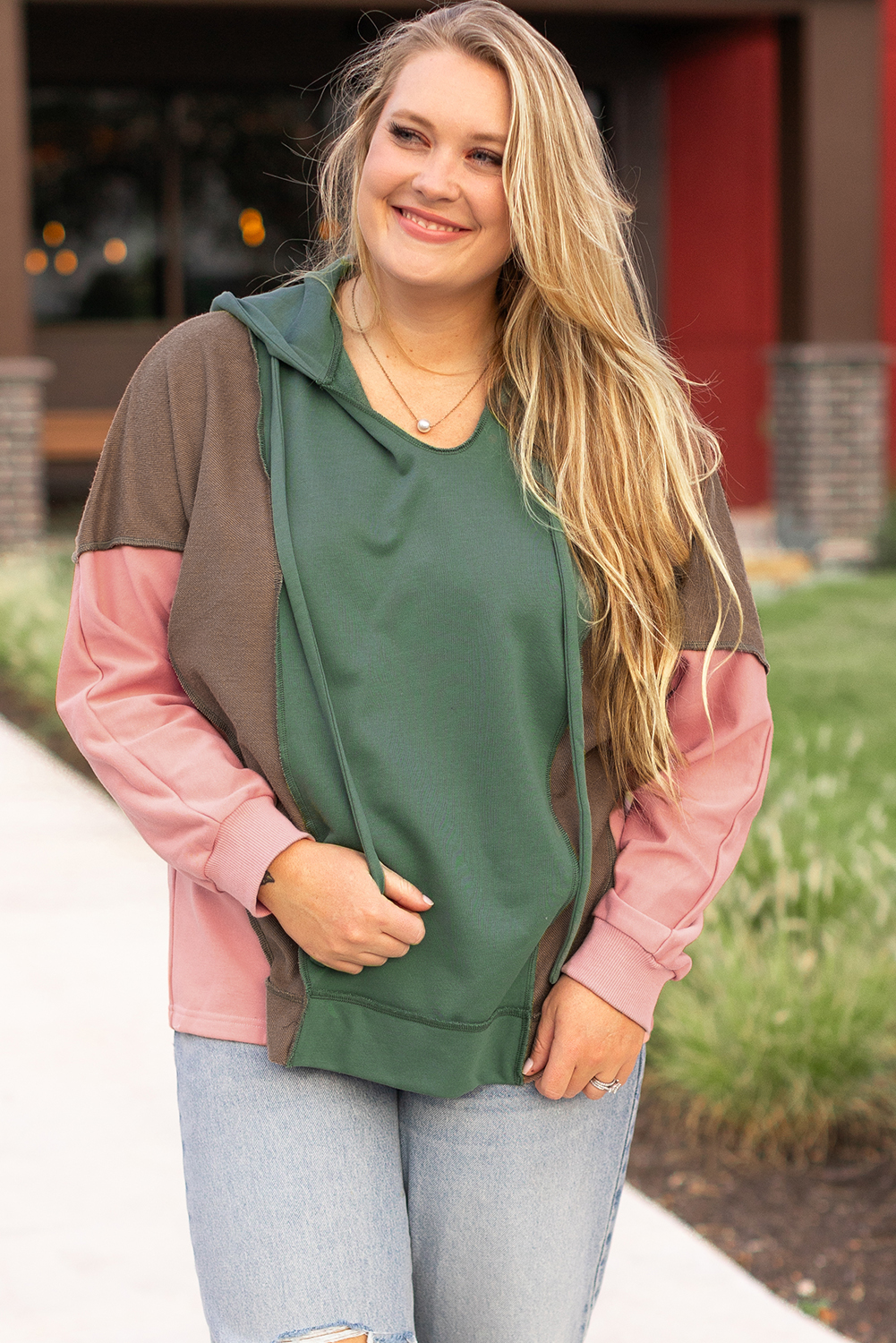 Plus Size Breen  Colorblock Patchwork V Neck Hoodie