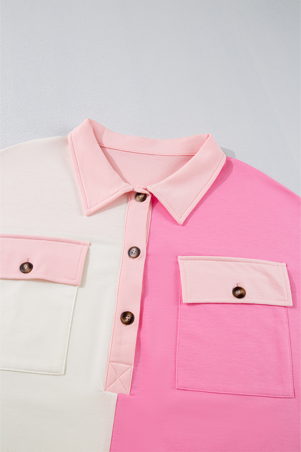 Plus Size Bonbon Color Block Chest Pockets Half Button  Sweatshirt