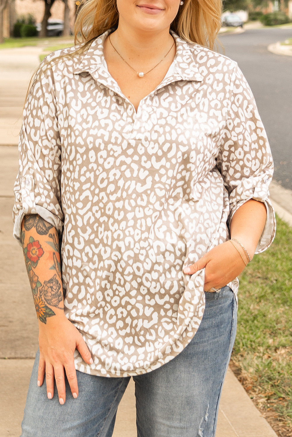 Plus Size Apricot Leopard Tab Sleeve V Neck  Top