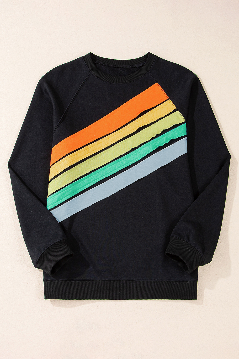 Plus Size Black Rainbow Raglan Sleeve Crew Neck  Sweatshirt