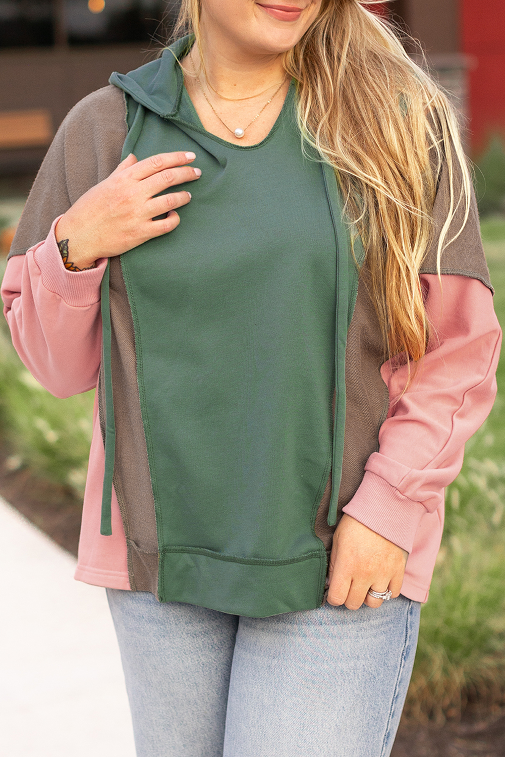 Plus Size Breen  Colorblock Patchwork V Neck Hoodie