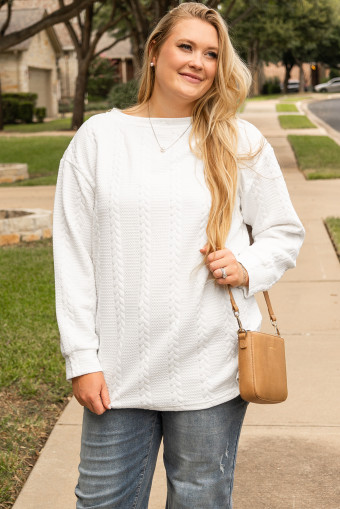 Plus Size White Cable Textured Loose  Sweatshirt
