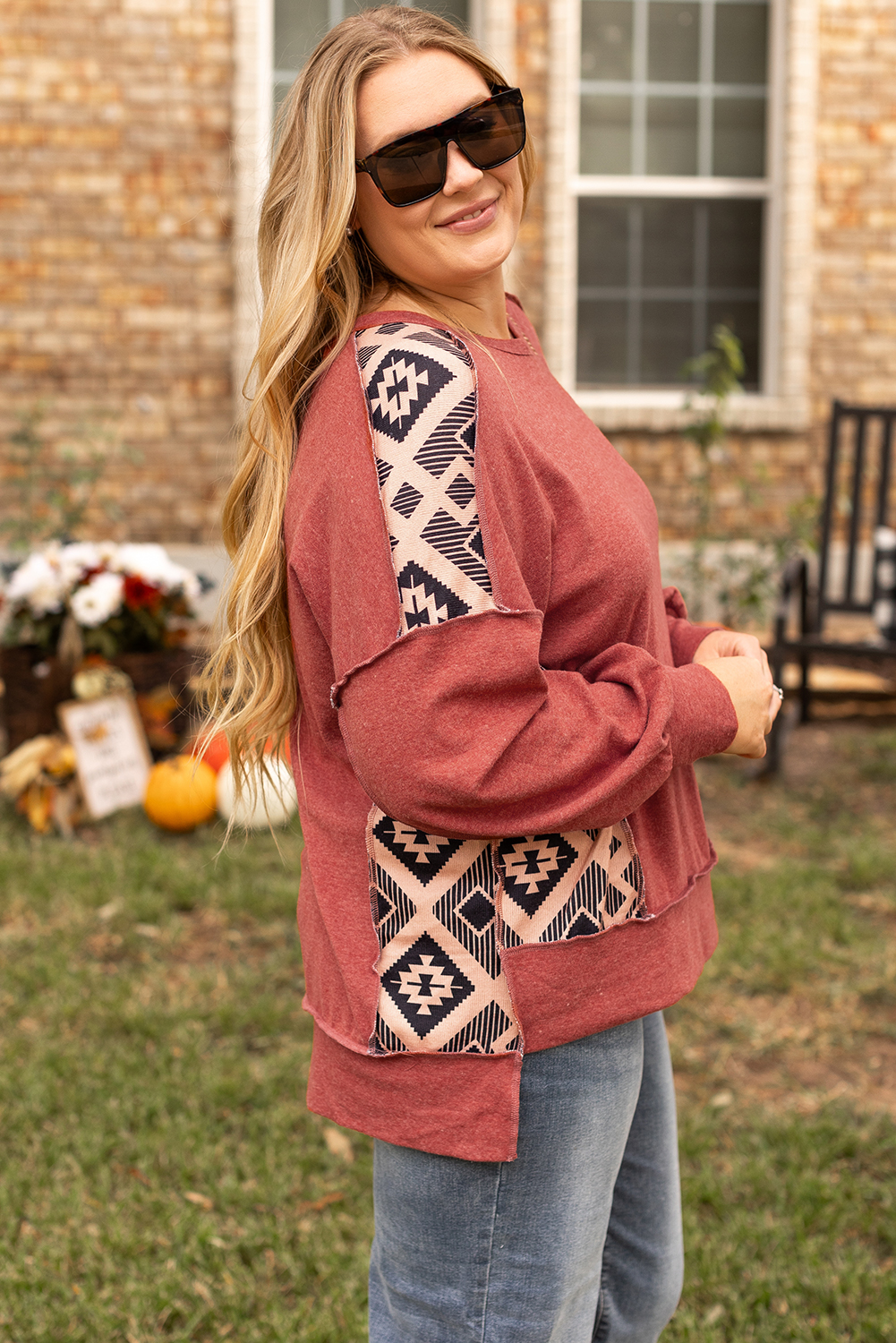 Plus Size Redwood Burl Aztec Patchwork Drop Shoulder  High Low Sweatshirt