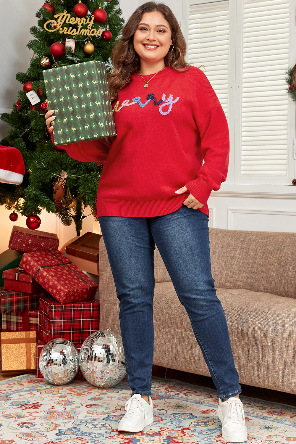 Plus Size Fiery Red Tinsel merry Pattern Drop Shoulder  Sweater