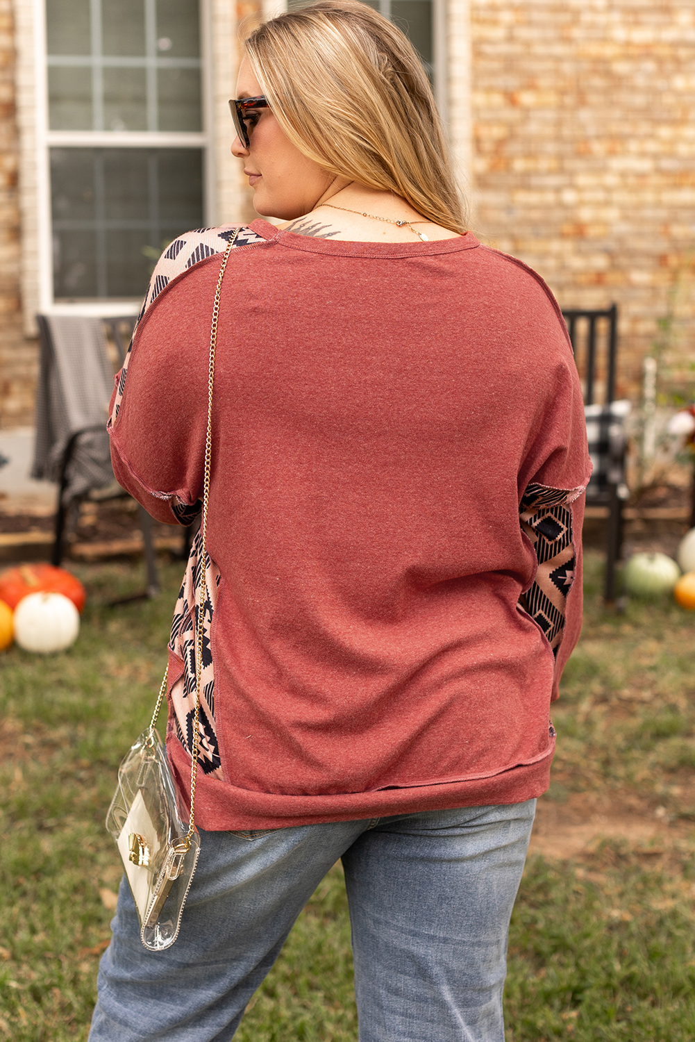 Plus Size Redwood Burl Aztec Patchwork Drop Shoulder  High Low Sweatshirt